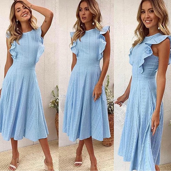 Ecowish Dresses & Skirts - Light Blue Pointelle Sleeveless Ruffle Dress